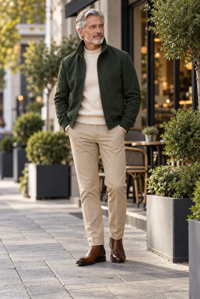 photograph featuring a stylish 57-year-old man with short grey hair and a neatly trimmed beard
