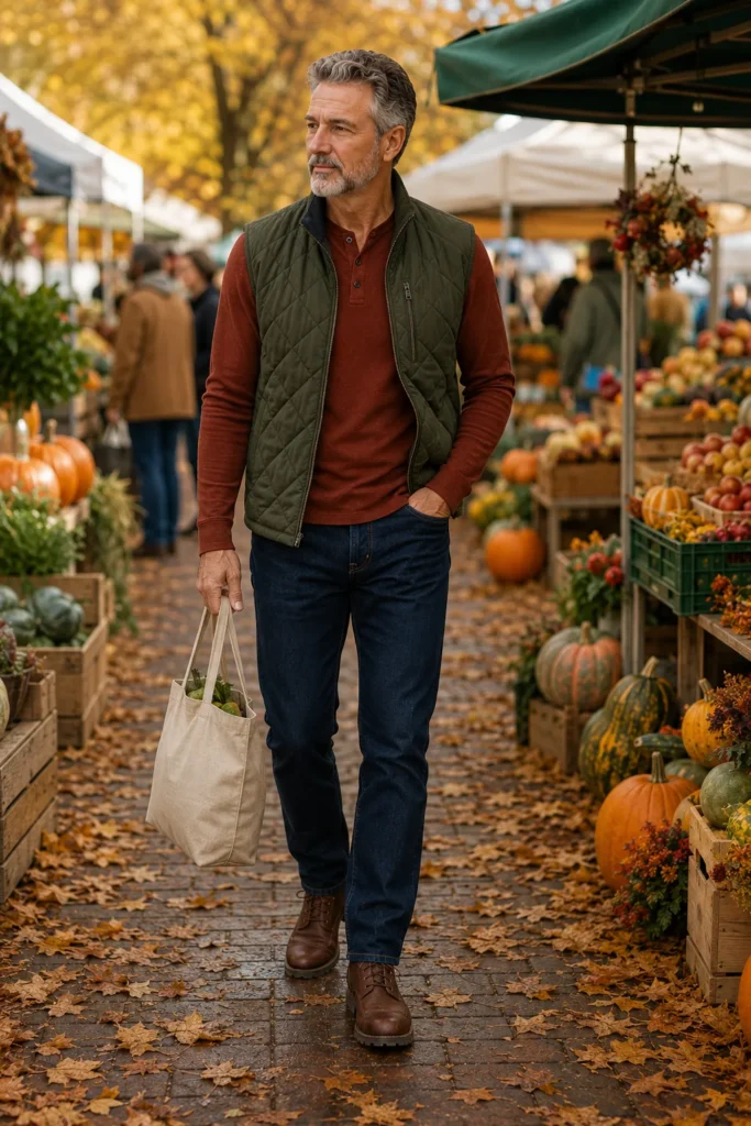 photograph of a fit 60-year-old man wearing a dark forest-green quilted vest over a rust-colored Henley shirt