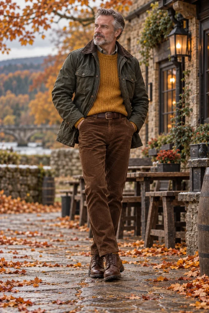photograph of a stylish 60-year-old man with short gray hair and a neatly trimmed beard, wearing a dark green waxed cotton jacket over a mustard yellow knit sweater