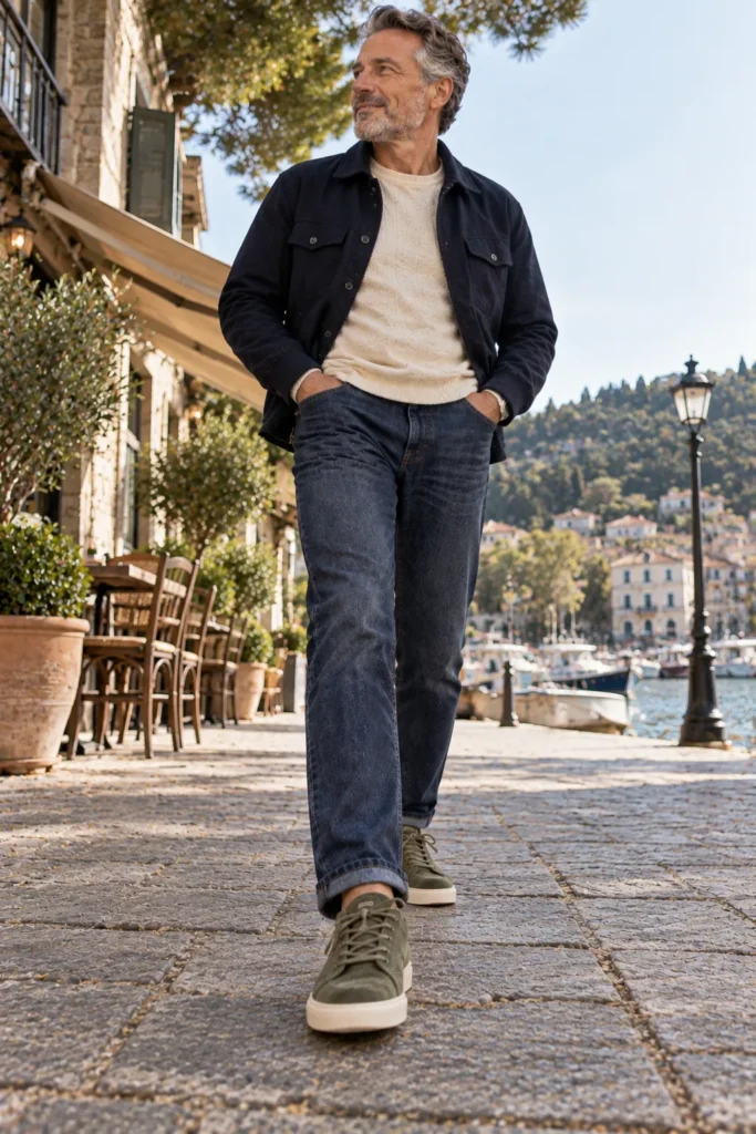 photograph featuring a mature man around 58 wearing muted olive green sneakers