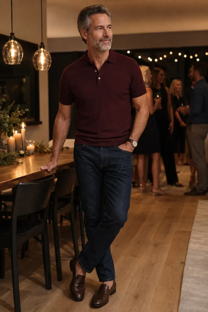 photo of a stylish man around 50 at a relaxed birthday dinner. He wears dark indigo straight-leg jeans
