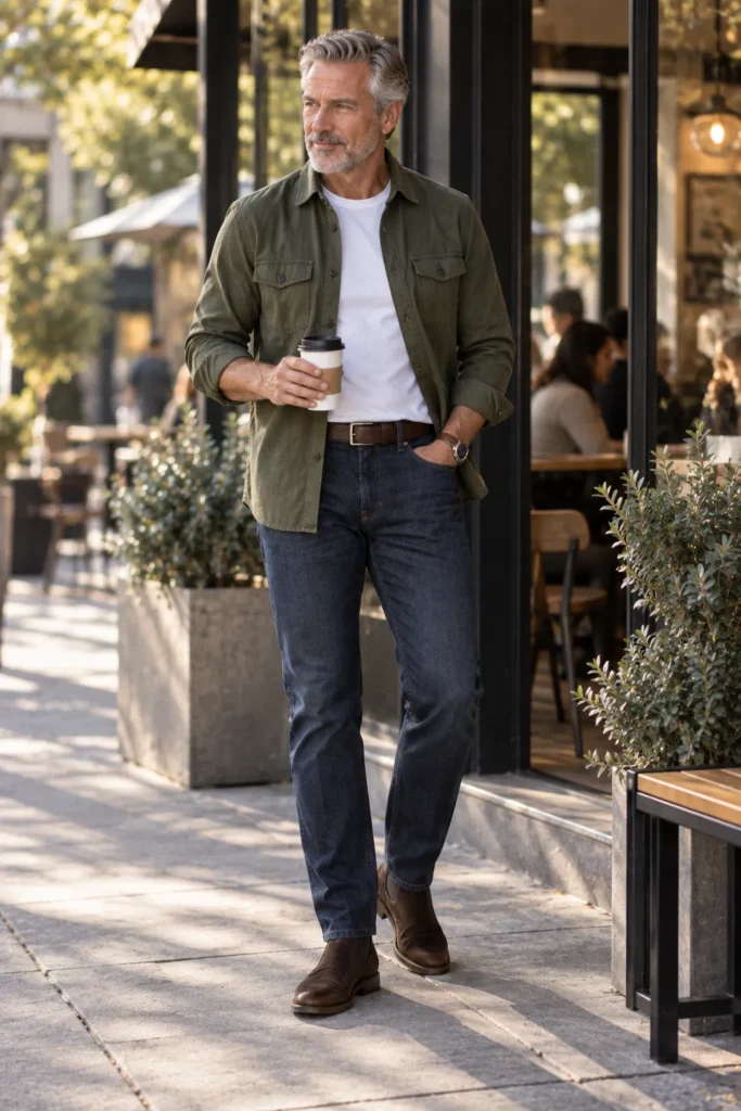 photograph featuring a mature man around 57 with short grey hair and a neatly trimmed beard, wearing dark straight-leg denim jeans