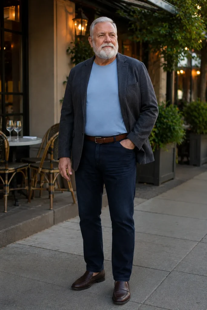 photograph of a completely different 71-year-old plus-size man with a broad square face, fair skin, pale blue eyes