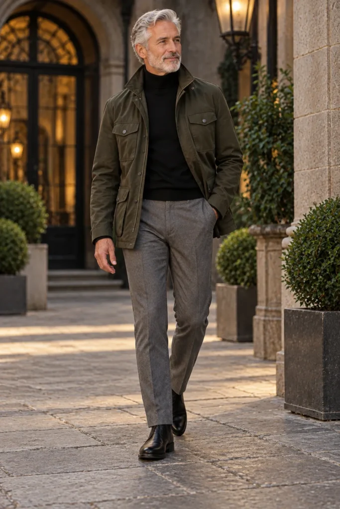 Dark Olive Field Jacket With a Black Turtleneck and Gray Trousers