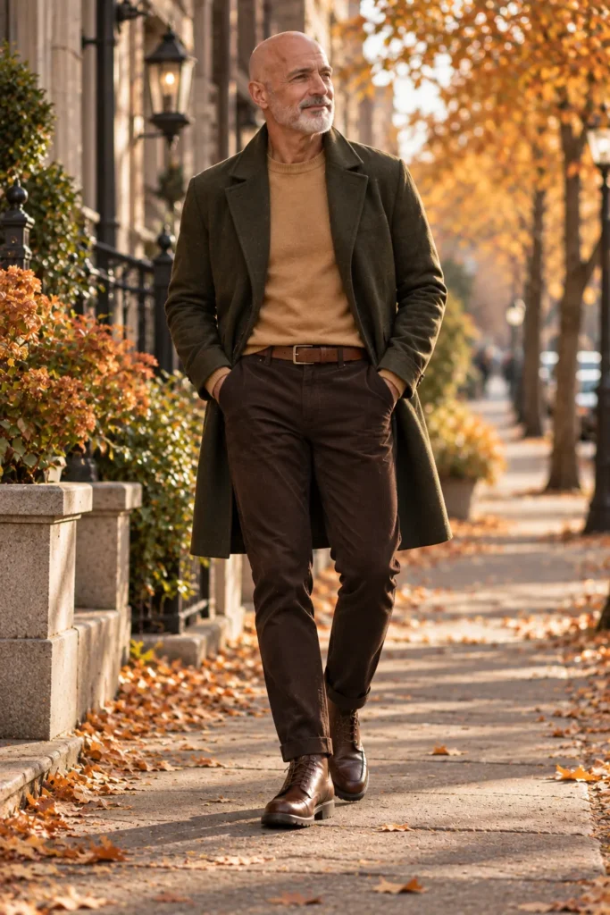 photograph featuring a confident 61-year-old bald man with a neatly trimmed silver-gray beard wearing a dark olive wool overcoat over a warm camel crew-neck sweater