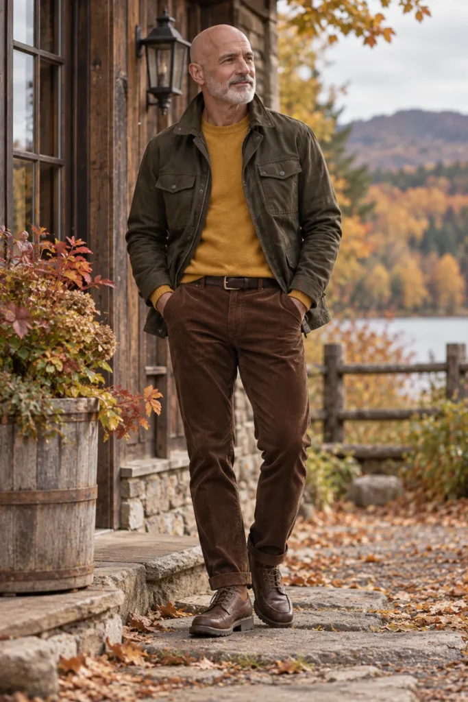 photograph of a stylish 57-year-old bald man with a neatly trimmed gray beard wearing a dark olive utility jacket over a muted mustard yellow knit sweater