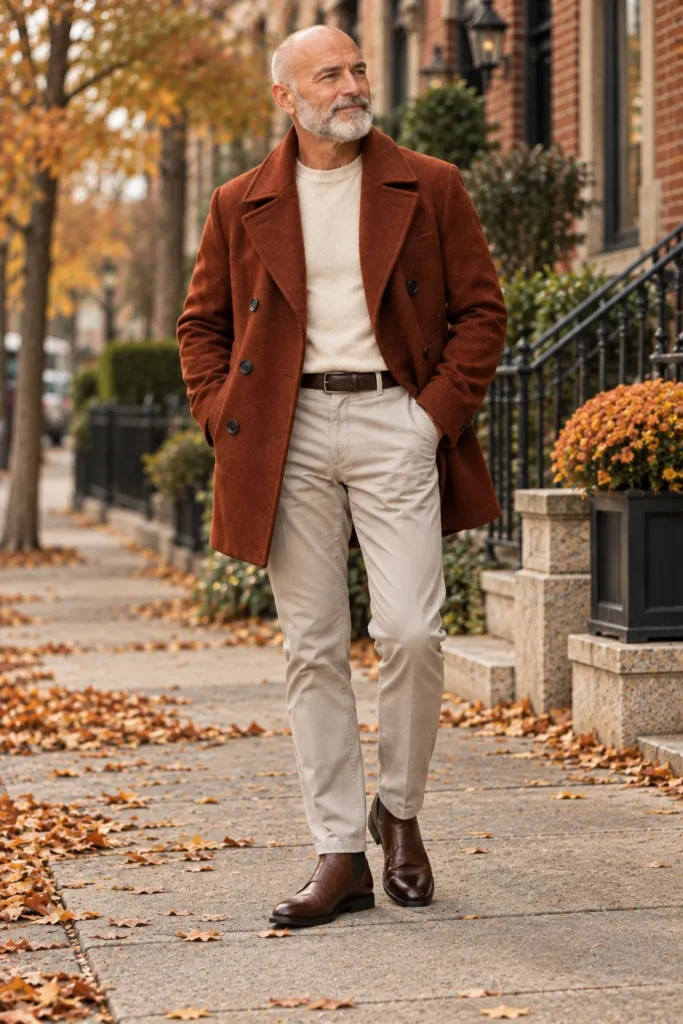 photograph featuring a stylish 62-year-old bald man with a neatly trimmed white-gray beard wearing a dark rust wool peacoat