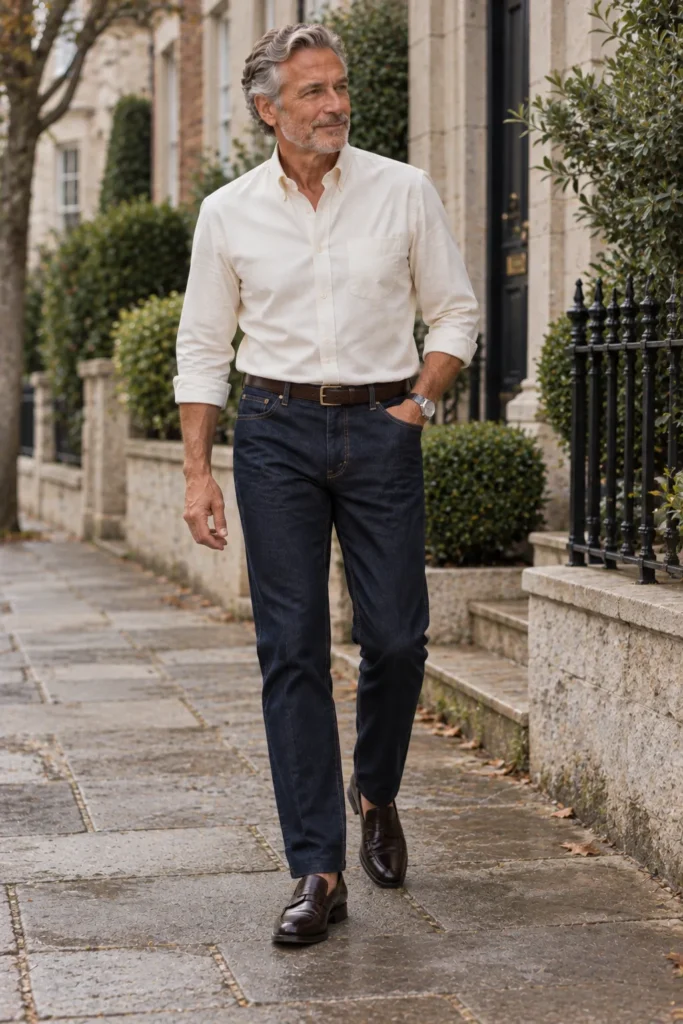 photograph of a mature man around 56 wearing clean dark indigo straight-leg jeans with a light cream Oxford shirt