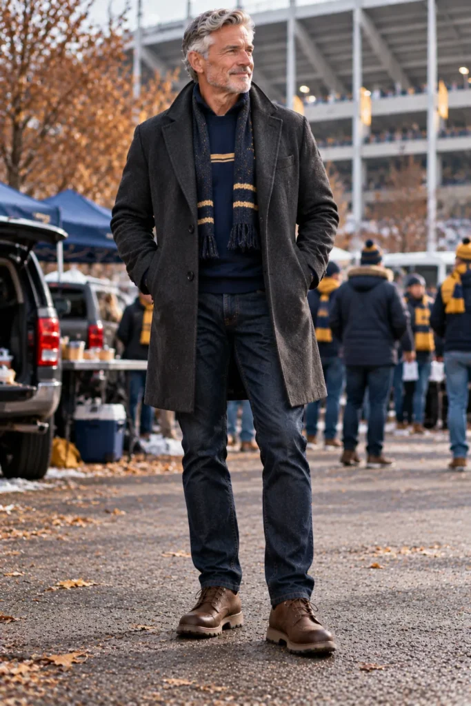 photograph of a stylish 62-year-old man with silver hair and a short gray beard wearing a dark charcoal wool coat over a navy team sweatshirt with subtle gold detailing