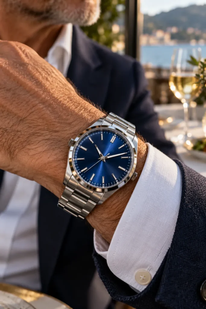 photograph centered on a large, prominent blue-dial wristwatch worn by a mature man around 59