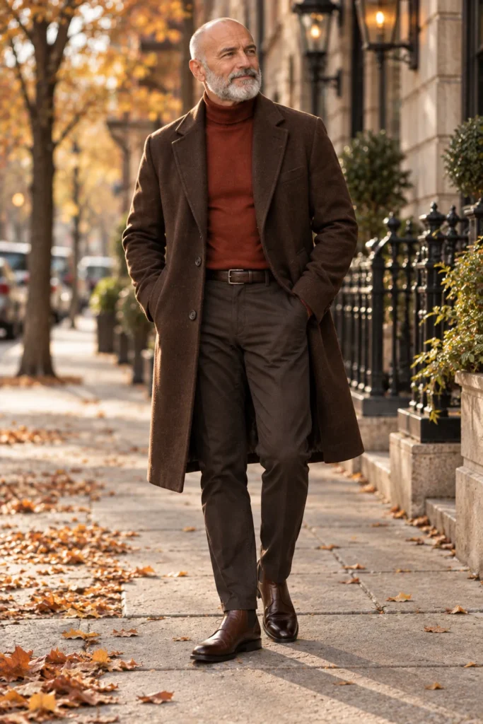 photograph of a refined 61-year-old bald man with a full silver-gray beard wearing a deep chocolate brown wool overcoat over a rich rust-colored turtleneck