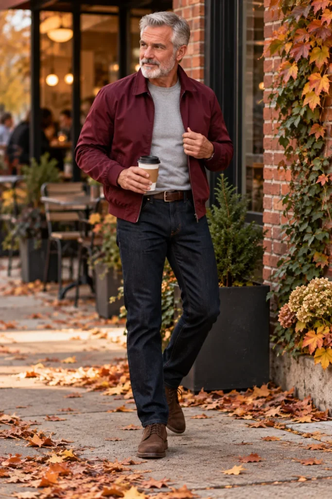 photograph featuring a different 59-year-old man with short silver hair and a neatly trimmed salt-and-pepper beard wearing a deep burgundy Harrington jacket over a light gray crew-neck sweater