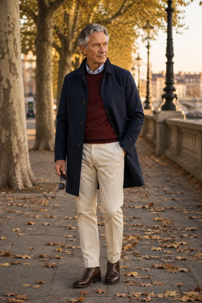 photograph of a confident 60-year-old man wearing a deep navy car coat over a burgundy fine-knit sweater and pale blue shirt