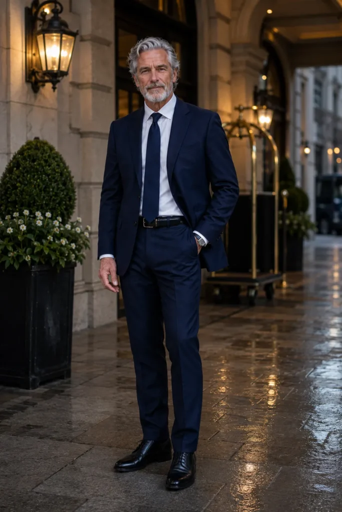 photograph featuring a distinguished mature man around 58 years old with naturally styled silver-grey hair and a neatly trimmed grey beard