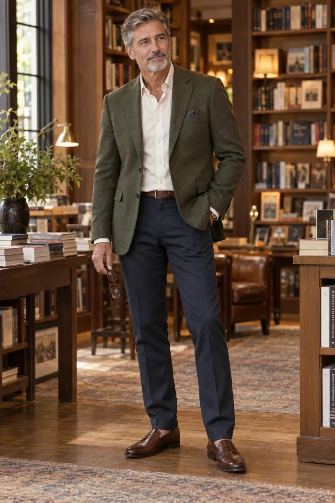 photograph of a mature man around 58 wearing a deep olive green wool blazer over a warm cream button-down shirt