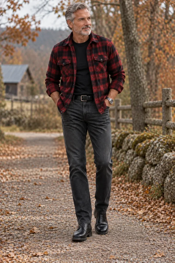 Deep Red Flannel With a Black T-Shirt