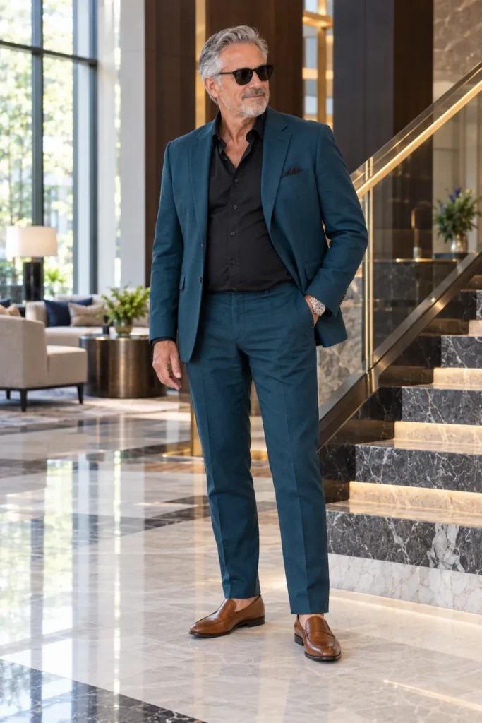 photograph featuring a confident stylish man around 60 with a natural fuller midsection