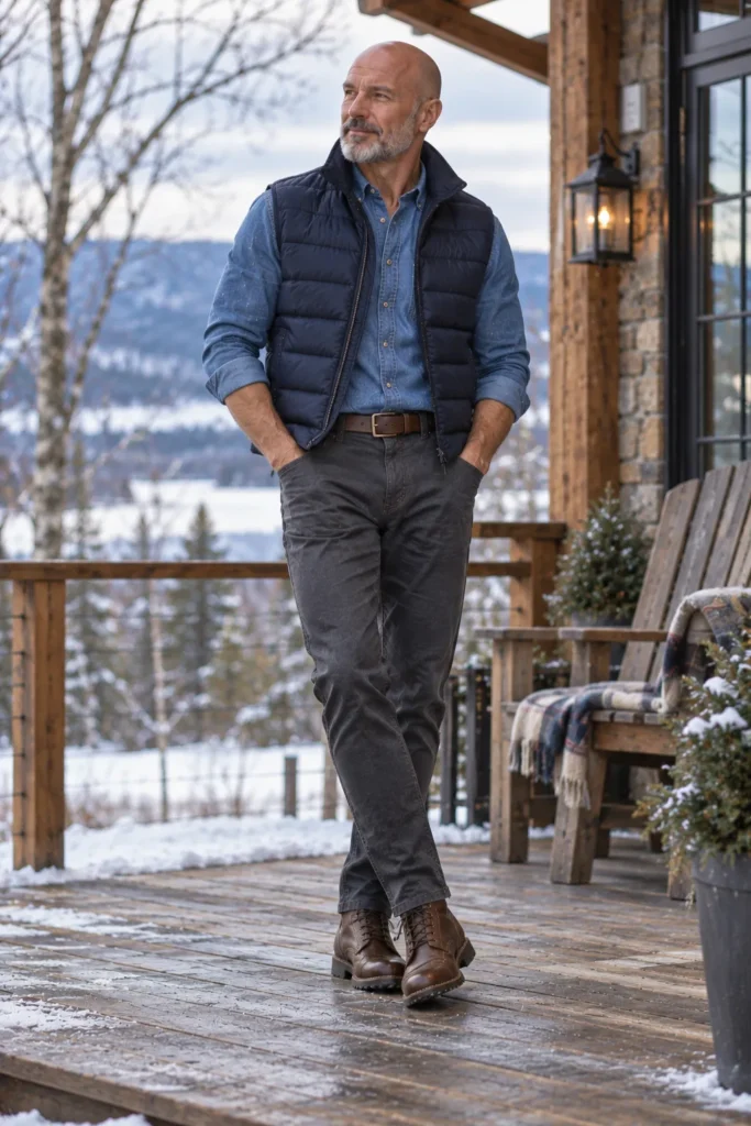 photograph of a relaxed 58-year-old bald man with a short salt-and-pepper beard wearing a medium-blue denim shirt underneath a navy quilted puffer vest