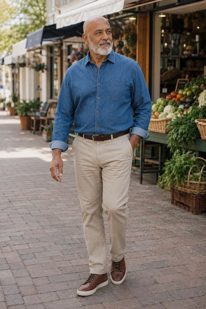 photograph of a completely different 73-year-old plus-size bald man with a long narrow face, warm brown skin