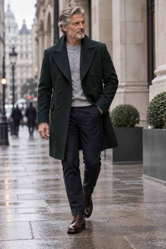 photograph of a mature man around 60 wearing a dark forest-green or deep navy double-breasted wool coat over a light gray fine-kni