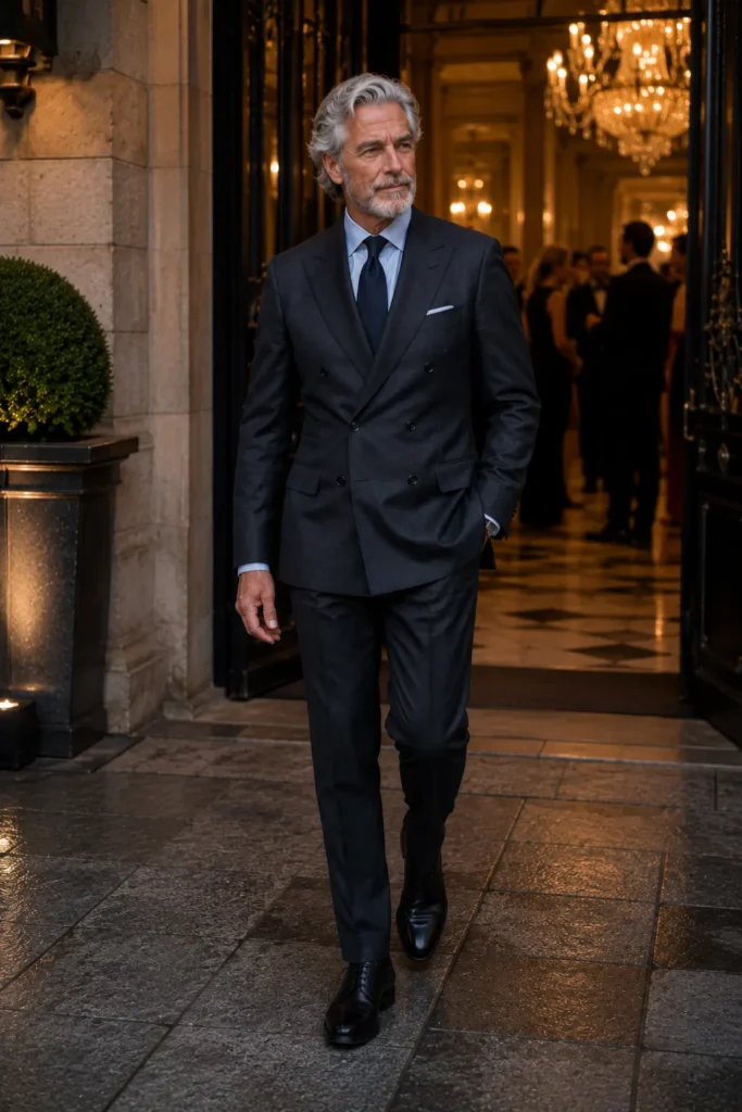 featuring a mature man around 60 with neatly styled silver-grey hair and a short natural grey beard