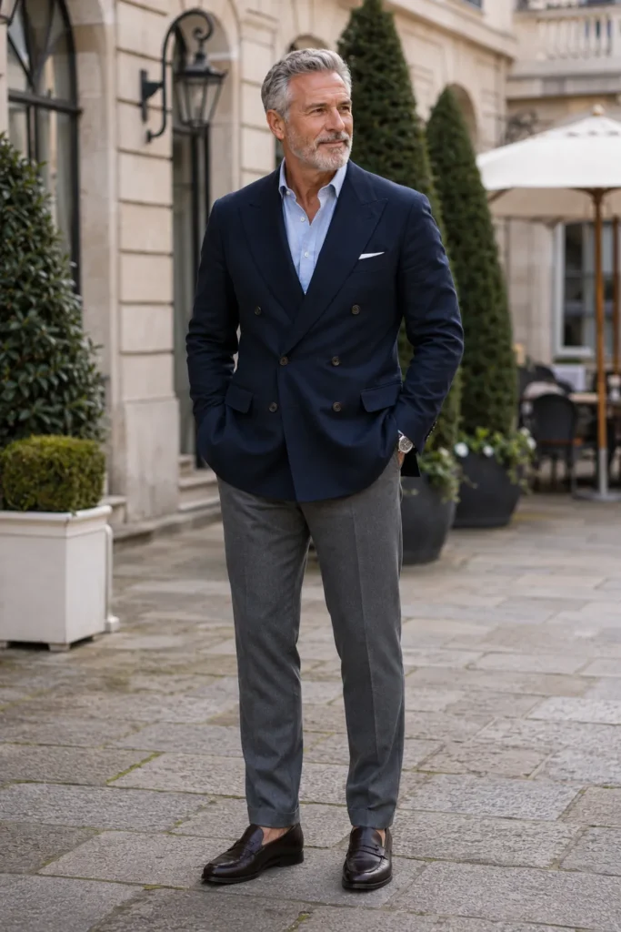 men's fashion editorial featuring a distinguished 63-year-old man with short silver hair and neatly trimmed gray beard