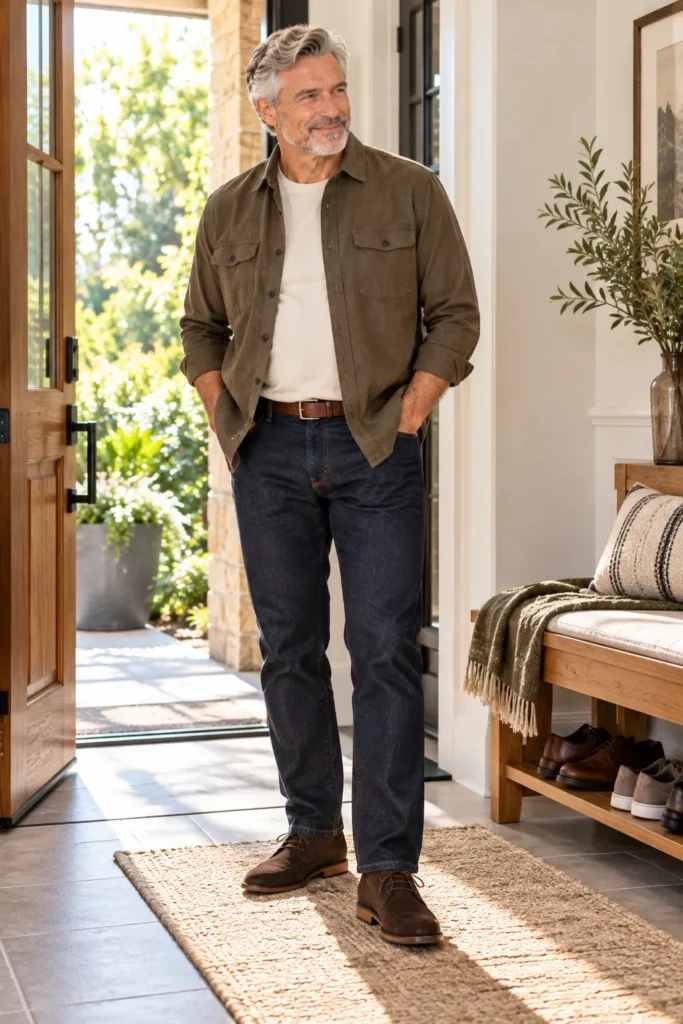 photograph representing a mature man with a fuller midsection wearing a well-balanced layered outfit.