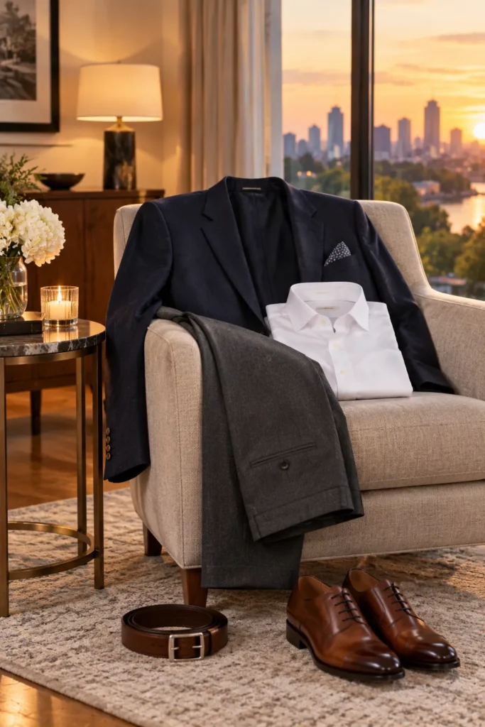 photo representing smart dressing for a dinner event for a man over 50. The scene features a navy blazer
