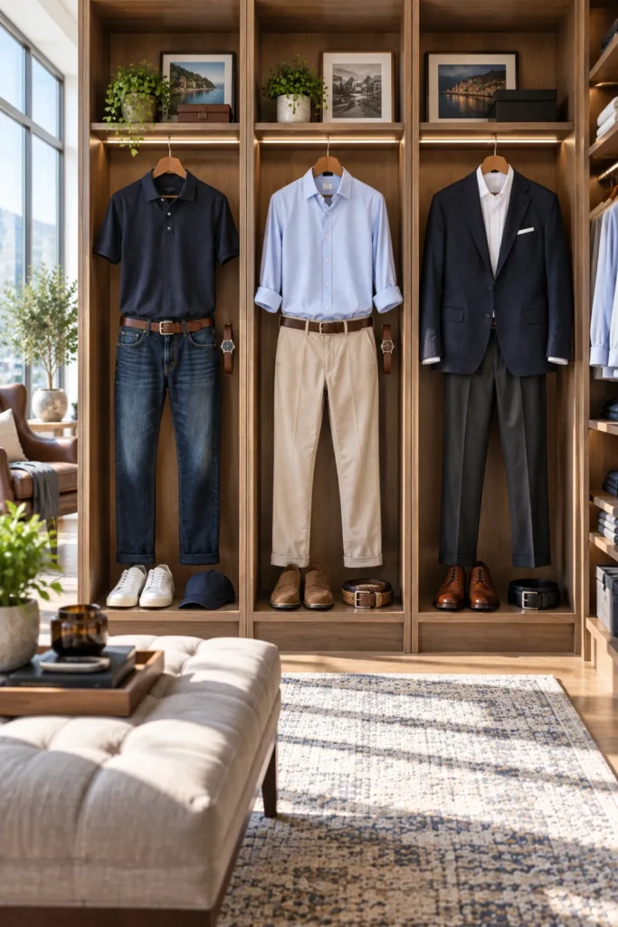 photo representing three smart men's outfit choices for different occasions after 50
