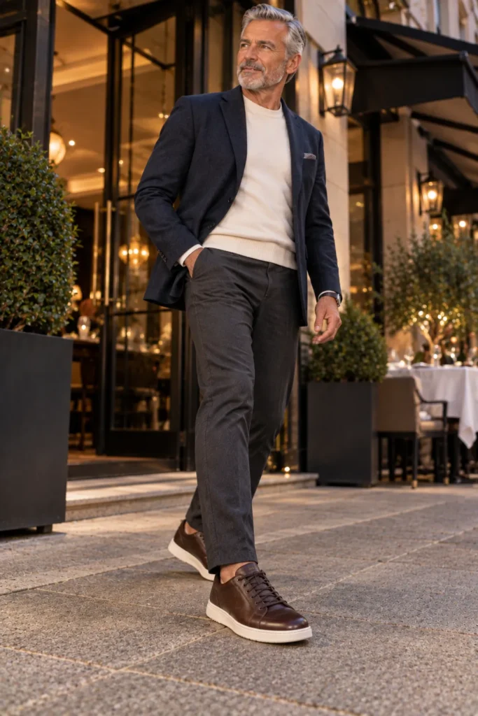 photograph featuring a mature man around 60 wearing dressier dark brown leather sneakers