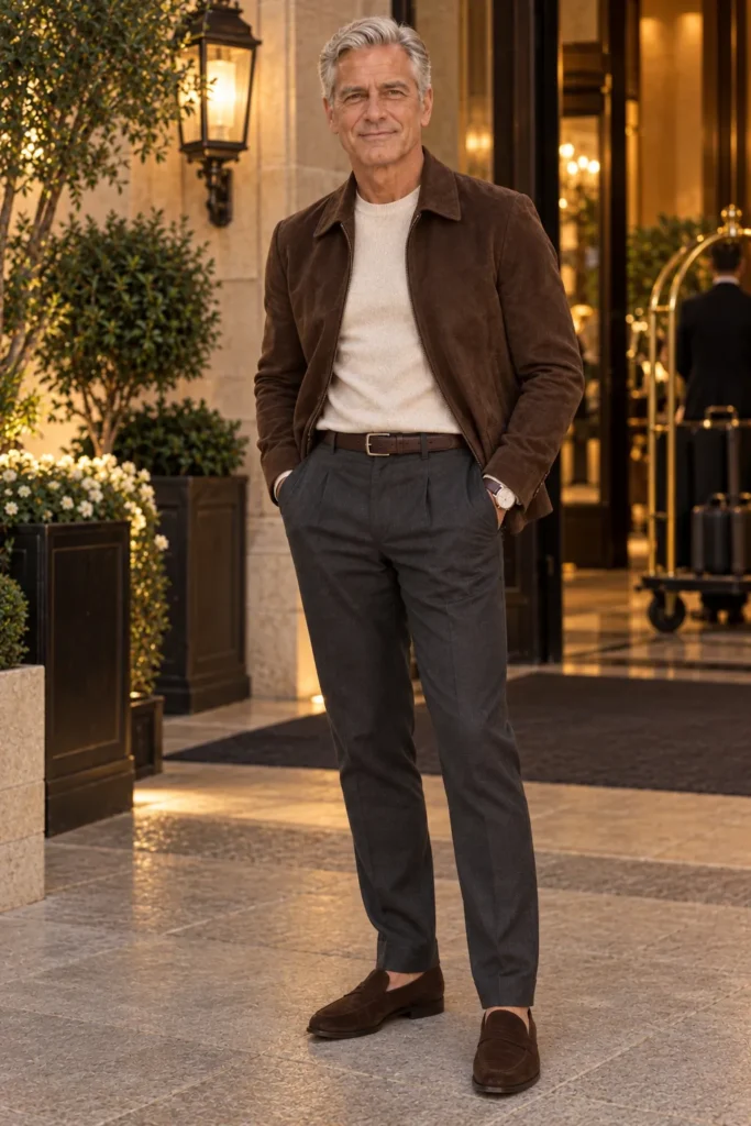 photograph of a distinguished 57-year-old man with neatly groomed silver-grey hair wearing a rich espresso brown suede jacket