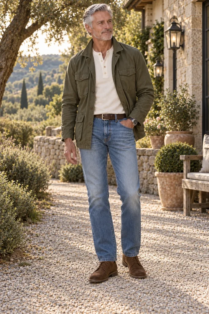 photograph of a distinguished 59-year-old man with neatly groomed grey hair wearing lightly faded blue straight-leg jeans, a cream henley shirt