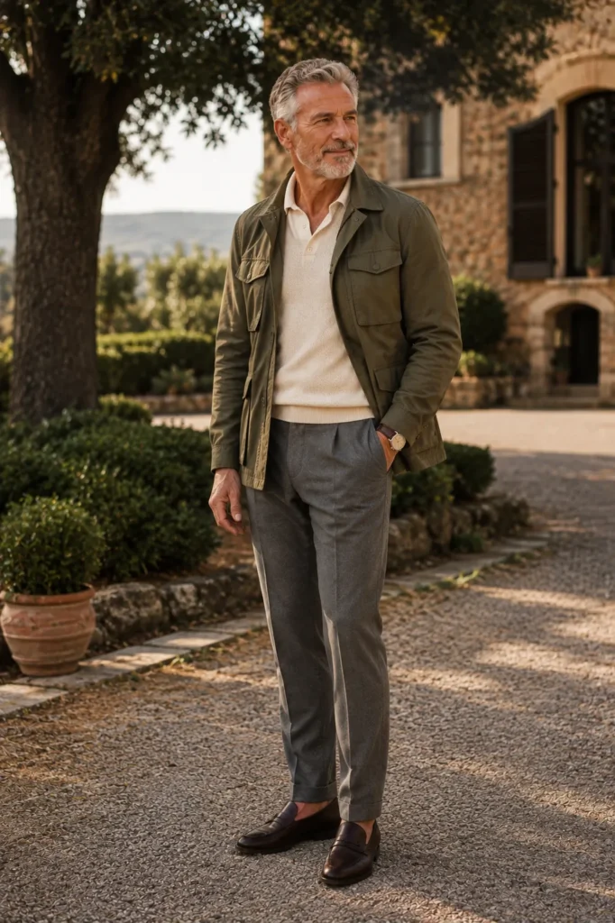 photograph featuring a stylish 62-year-old mature man with short silver hair and neatly trimmed gray beard