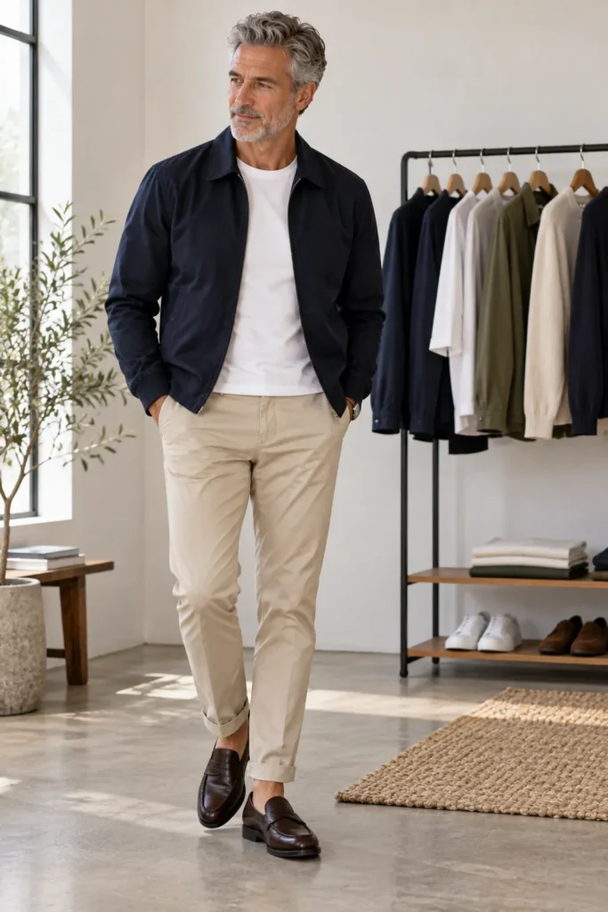 photograph featuring a stylish 59-year-old man with short gray hair and a neat beard wearing a coordinated outfit built around navy