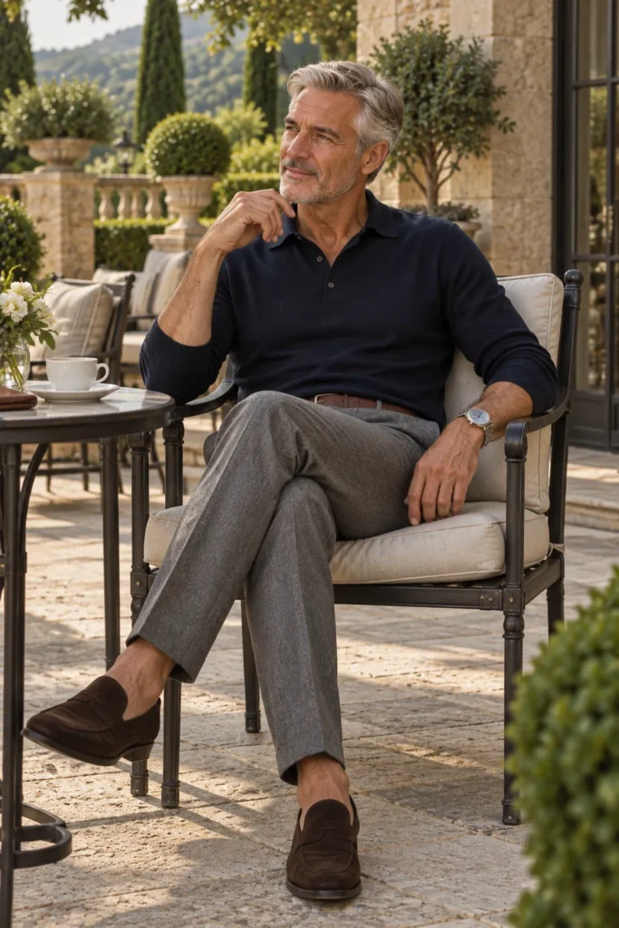 photograph of a distinguished 64-year-old man with neatly groomed silver-grey hair wearing a deep navy fine-gauge knitted polo shirt,