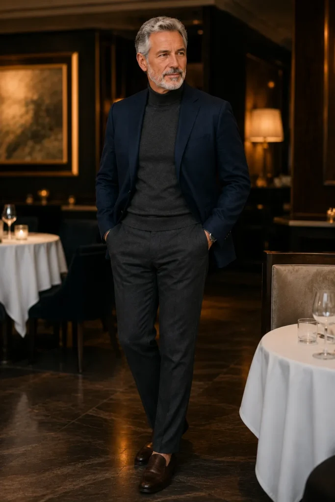 photograph featuring a distinguished 63-year-old mature man with short silver hair and neatly trimmed gray beard, wearing a fine-gauge charcoal mock neck sweater