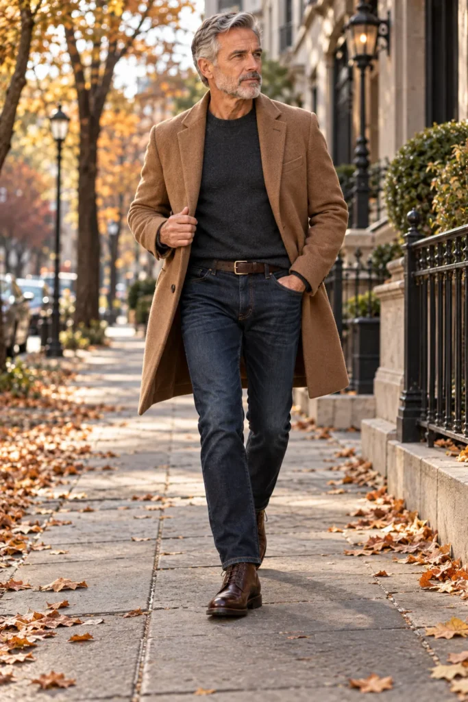 photograph featuring a stylish 60-year-old man with short salt-and-pepper hair and a neatly trimmed beard