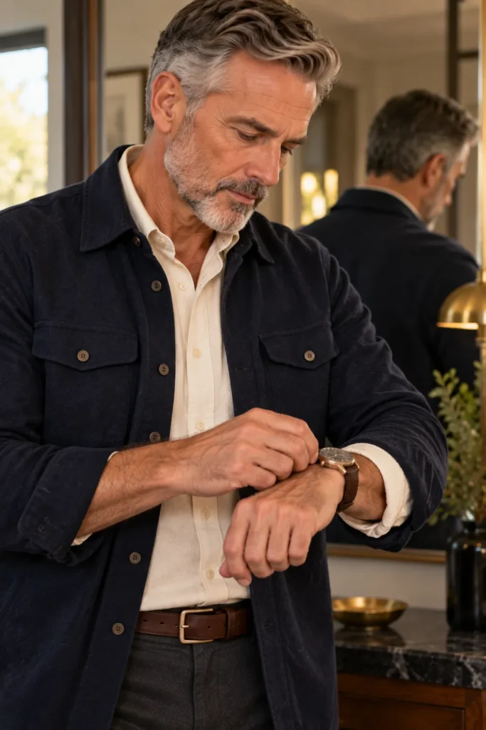 photograph of a 58-year-old man's upper body and hands as he checks a classic brown leather watch before leaving home