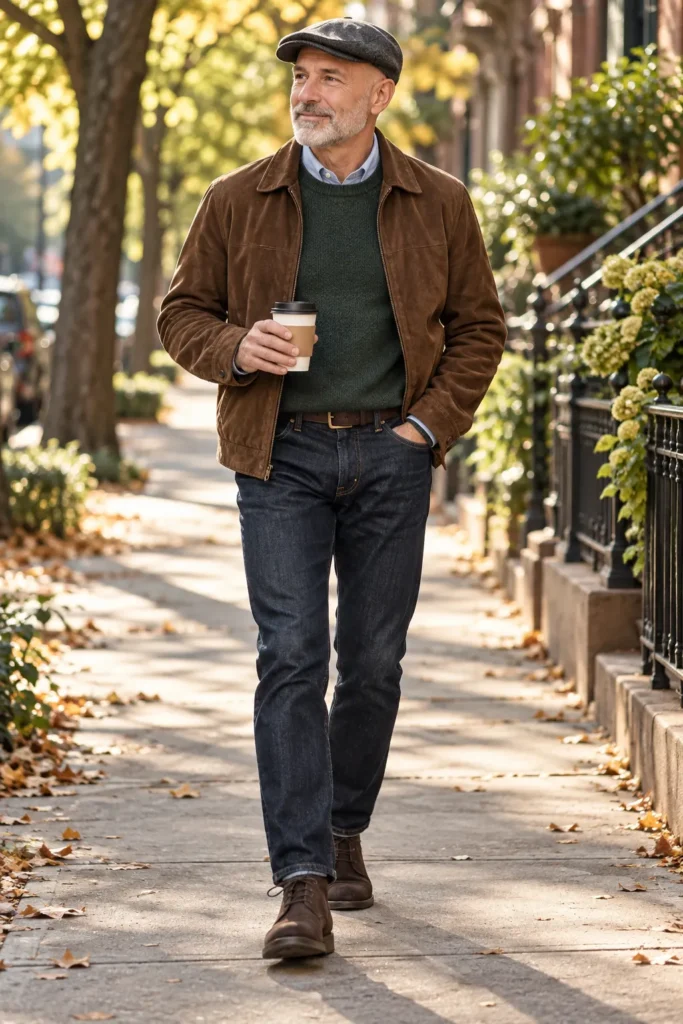 photograph featuring a stylish 60-year-old bald man with a neatly trimmed salt-and-pepper beard wearing a textured dark grey flat cap