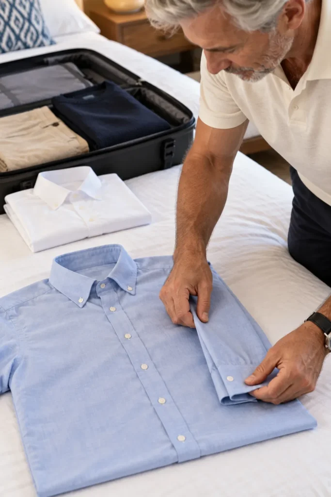 photograph of a 59-year-old man's hands carefully folding a crisp light blue button-down dress shirt on a clean bed before a trip