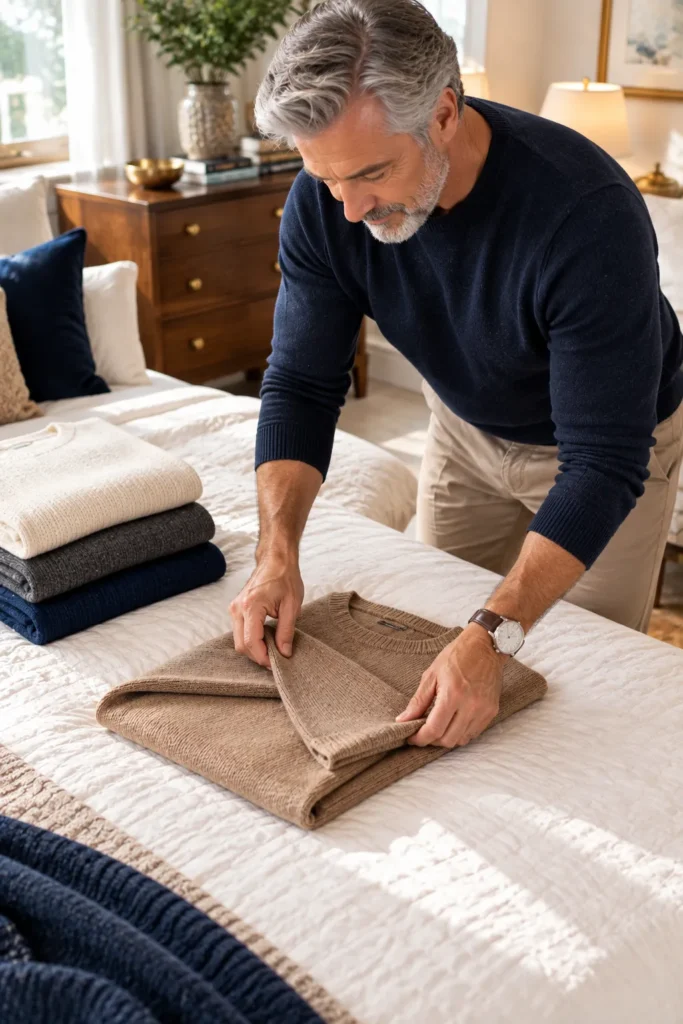 photograph of a 58-year-old man with short gray hair and a neatly trimmed beard folding a soft knit sweater on a clean bed.