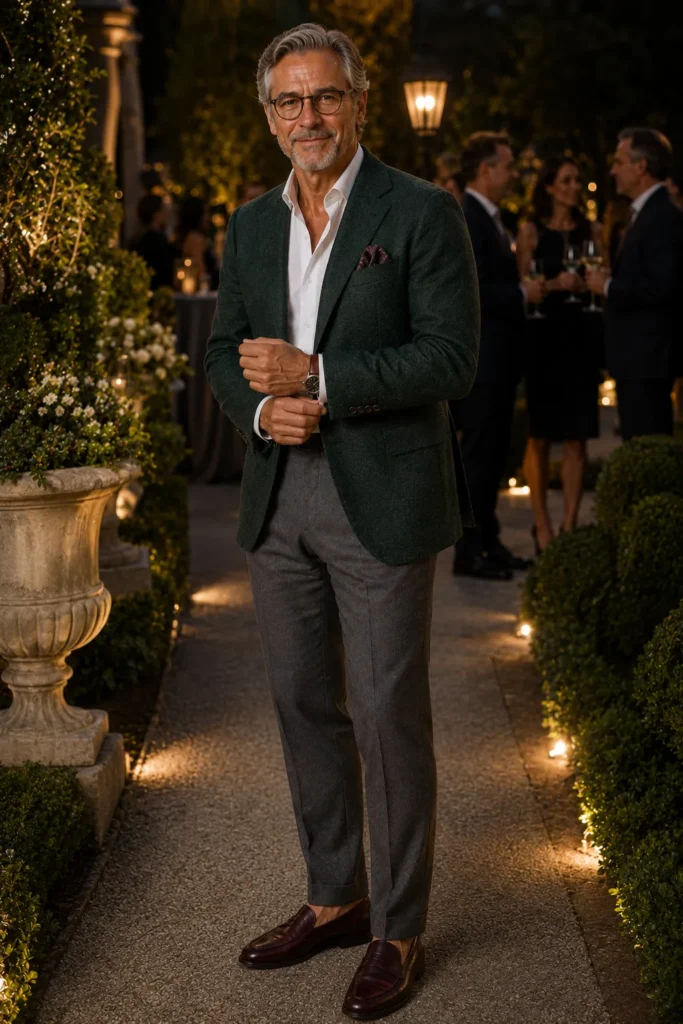 photograph of a sophisticated 59-year-old man at an evening garden cocktail reception