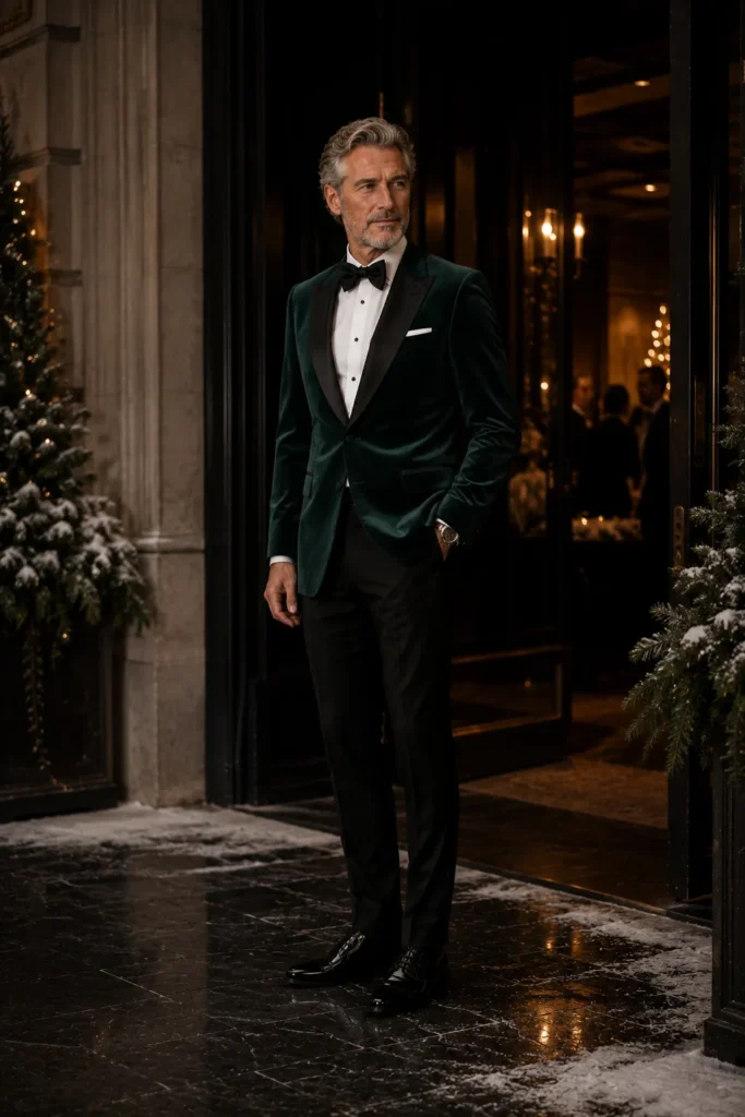 editorial featuring a stylish mature man around 57 with naturally styled grey hair and a neatly trimmed grey beard