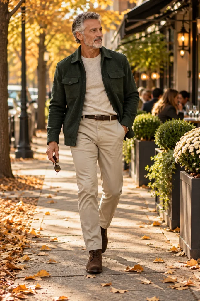 photograph featuring a different 57-year-old man with short salt-and-pepper hair and a neatly trimmed gray beard wearing a forest green knit jacket over an oatmeal crew-neck sweater