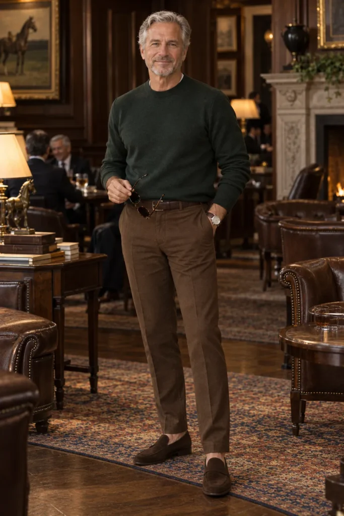 photograph of a distinguished 58-year-old man with silver-grey hair and a neatly trimmed beard wearing a deep forest green fine-knit sweater