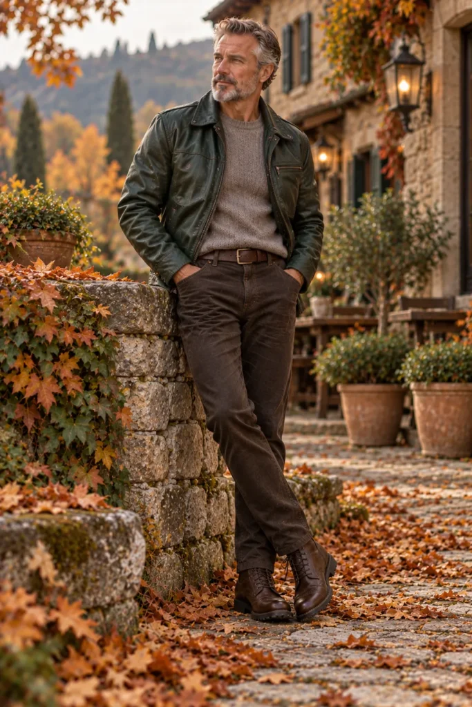 photograph of a stylish 60-year-old man with short gray hair and a neatly trimmed beard, wearing a forest green leather jacket over a soft taupe crew-neck sweater