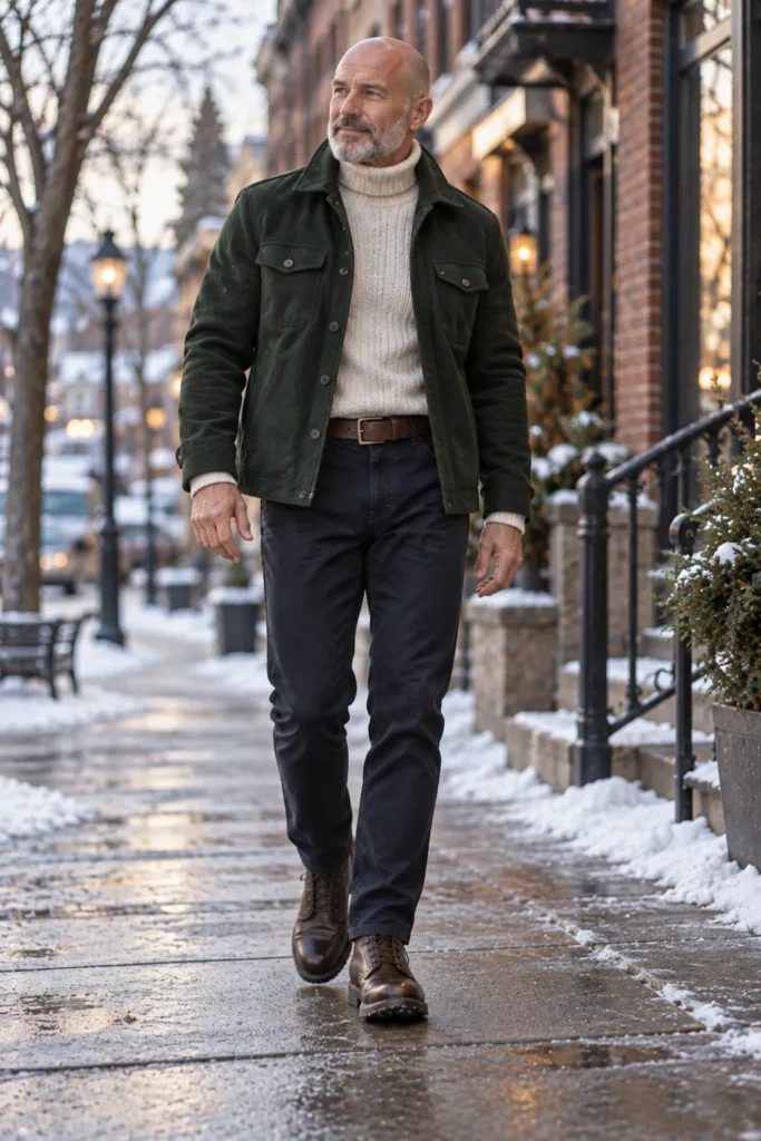 photograph of a confident 56-year-old bald man with a short gray beard wearing a forest green wool overshirt layered over a cream ribbed turtleneck sweater