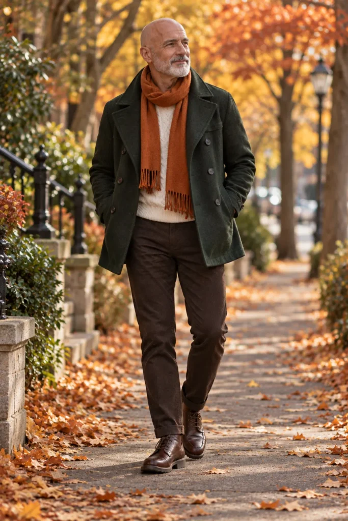 photograph featuring a stylish 60-year-old bald man with a neatly trimmed silver beard wearing a forest green wool peacoat