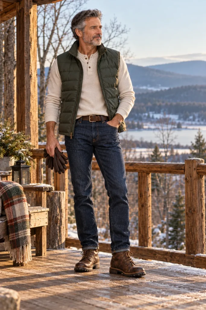 photograph of a relaxed 57-year-old man with short salt-and-pepper hair and a neatly trimmed beard wearing a forest green lightweight puffer vest over a cream long-sleeve henley shirt