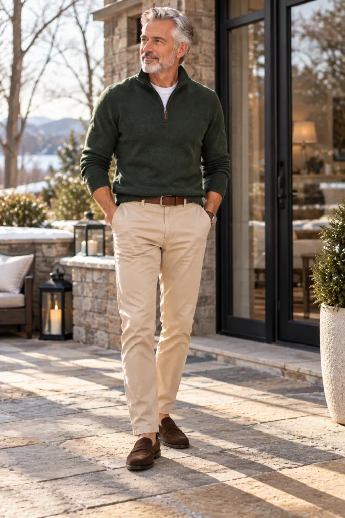 photograph featuring a stylish 58-year-old man with short silver hair and a neatly trimmed beard. 